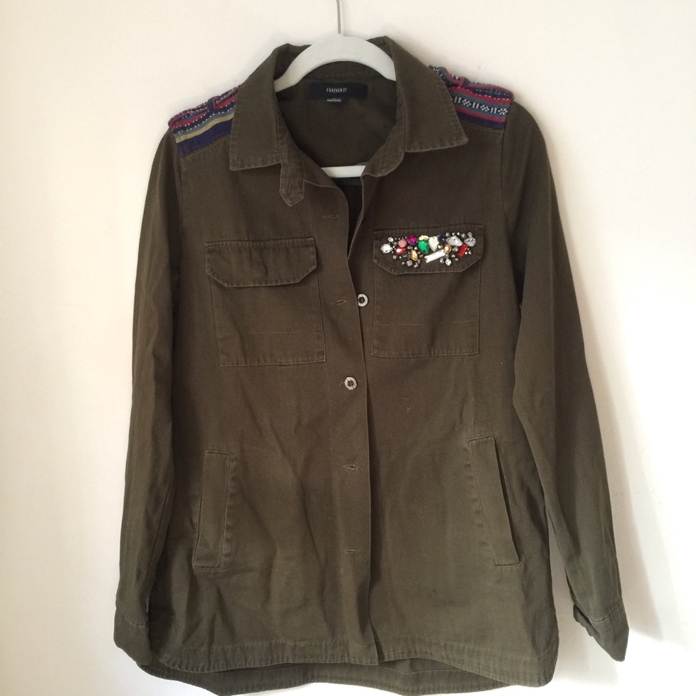 Forever 21 green button down shirt w/ jewels